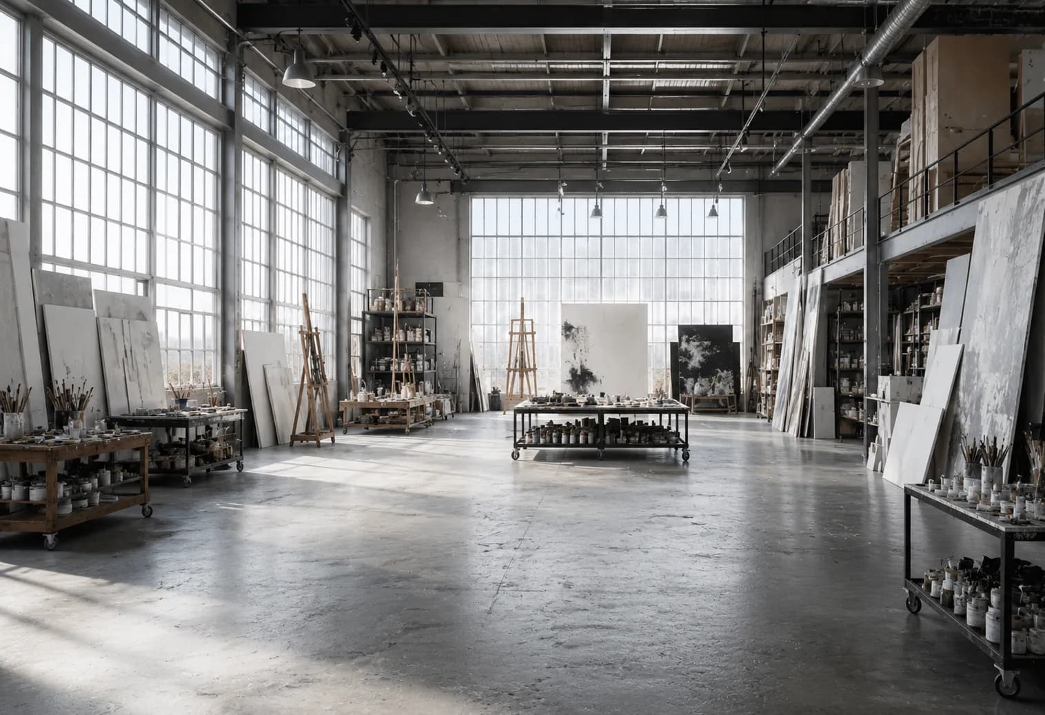 A spacious industrial art studio with canvases, easels and large windows