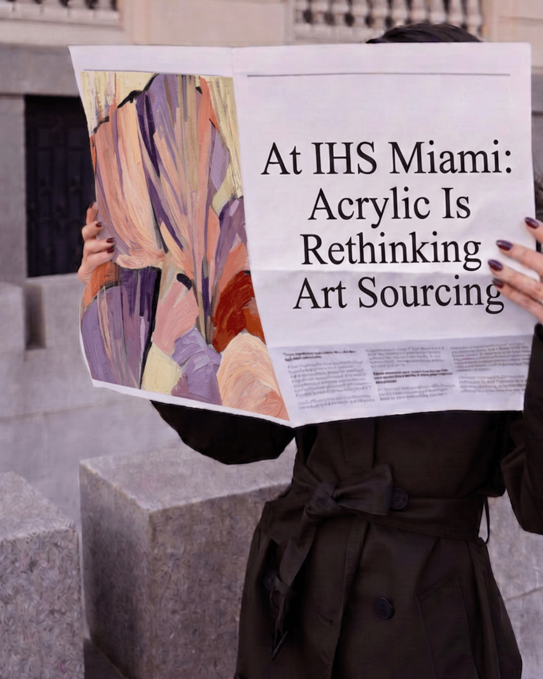 A person reading a newspaper headline: At IHS Miami, Acrylic is rethinking art sourcing