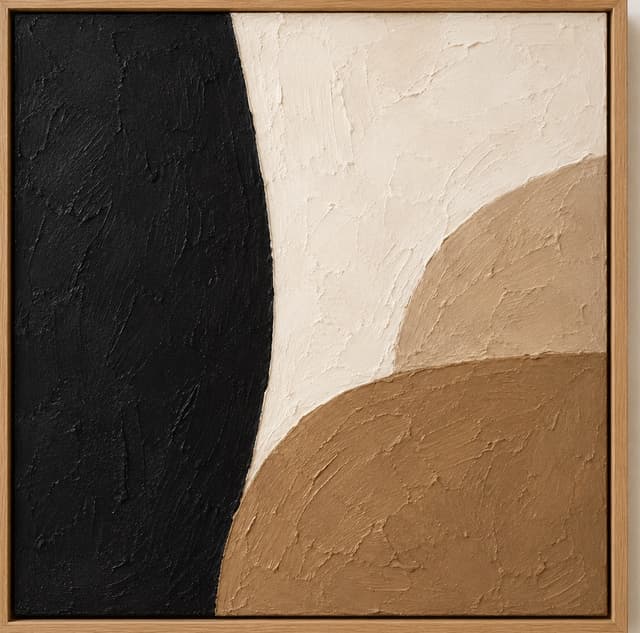 Abstract painting in black, tan, and cream
