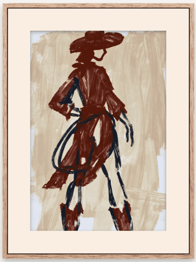 Brown Cowgirl framed in an ash floater frame with an off-white mat