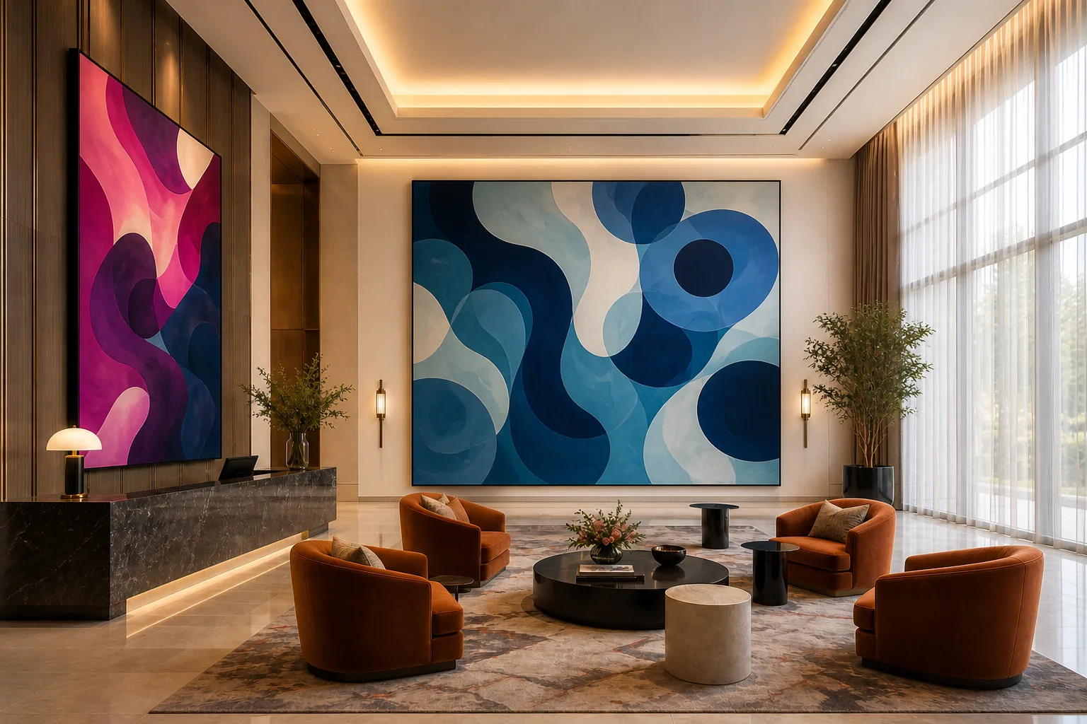 A hotel lobby with original blue abstract artwork on the wall