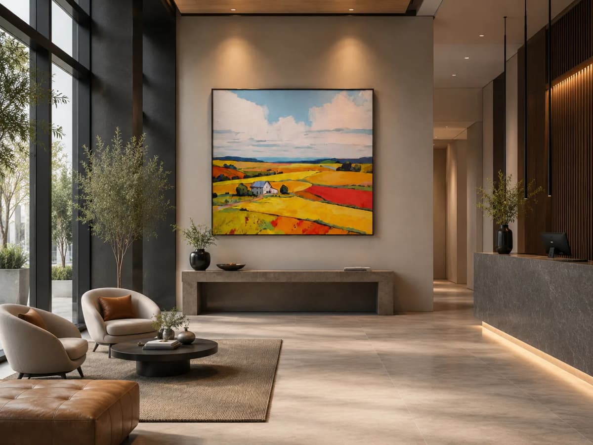 A colorful original mountain mural installed in a ski lodge restaurant